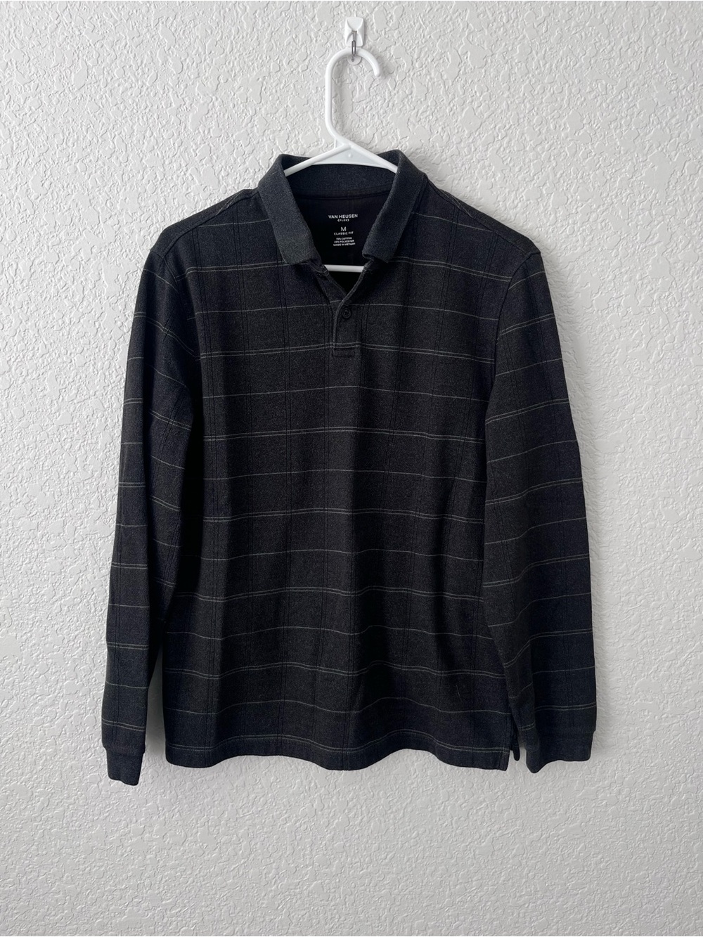 Van Heusen Men's Black Polo with Subtle Gray Windowpane